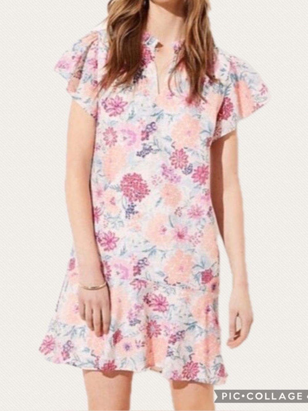 Ann Taylor LOFT Floral Flutter Sleeve Flounce Mini Dress in Peach - Size M‎